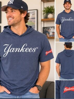New York Yankees Budweiser Hooded T-Shirt XL Blue Short Sleeve Lightweight